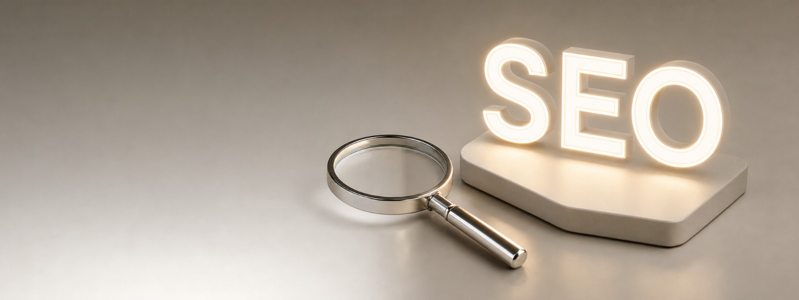 Švytinčios SEO raidės šalia didinamojo stiklo